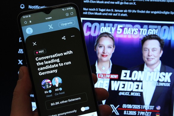 Live-Gespräch auf der Online-Plattform X vormals Twitter zwischen Alice Weidel, Kanzlerkandidatin der Partei Alternative für Deutschland, und dem US-amerikanischen Tech-Unternehmer Elon Musk. Auf eine ...