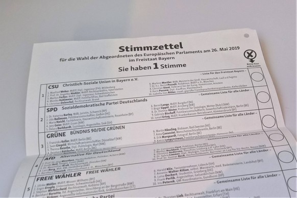 Die Europawahl 2019 ist die neunte Direktwahl zum Europaeischen Parlament. Teilnahmeberechtigt sind rund 400 Millionen Menschen. Gewaehlt werden 751 Abgeordnete. Foto: Stimmzettel fuer die Wahl der Ab ...