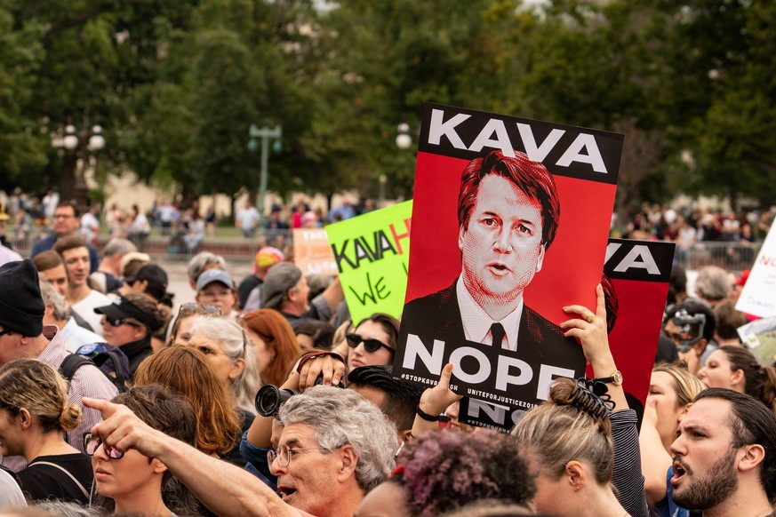 Protesters fill the stairs at the East Front Captiol steps of the U.S. Capitol against the confirmation of associate justice nominee Judge Brett Kavanaugh with hundreds getting detained in Washington, ...