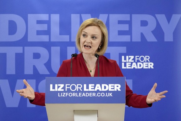 FILE - Britain's Secretary of State for Foreign, Commonwealth and Development Affairs, Liz Truss, speaks during the launch of her campaign to be Conservative Party leader and Prime Minister, in Westmi ...