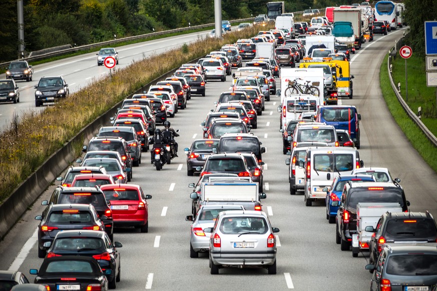 Hamburg, Germany - September 18. 2017: Traffic jam on the motorway in Hamburg, Germany. Construction sites on the motorway impede traffic flow.