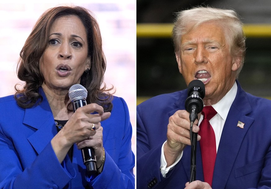 In this combination of photos taken in Pennsylvania, Democratic presidential nominee Vice President Kamala Harris speaks at a campaign event, Aug. 18, 2024, in Rochester, left, and Republican presiden ...