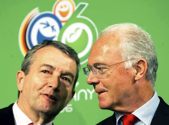 FILE - In this March 6, 2006 file photo, German soccer legend and head of the organizing committee Franz Beckenbauer talks to Wolfgang Niersbach, left, during the FIFA team workshop in Duesseldorf, we ...