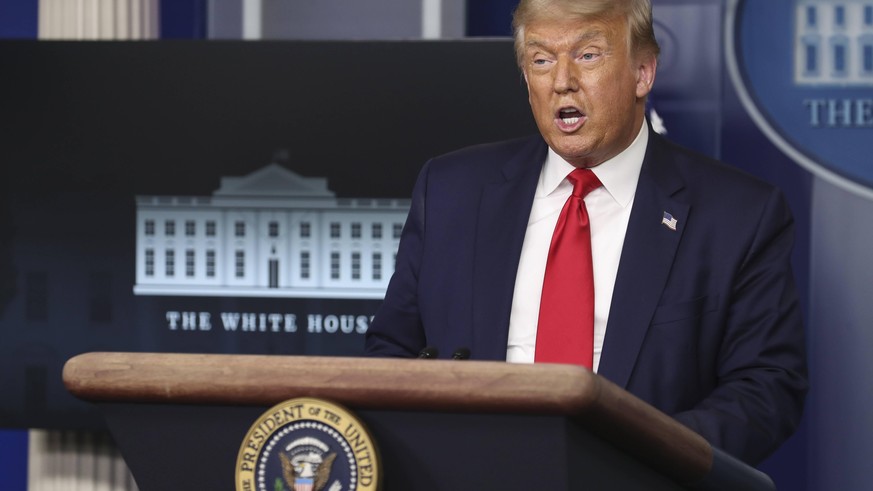 United States President Donald J. Trump holds a press briefing in the Brady Press Briefing Room of the White House on July 28, 2020 in Washington, DC. PUBLICATIONxNOTxINxUSA Copyright: xOliverxContrer ...