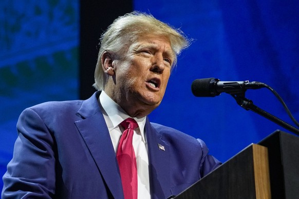 FILE - Former President Donald Trump speaks at the National Rifle Association Convention in Indianapolis, on April 14, 2023.(AP Photo/Michael Conroy, File)