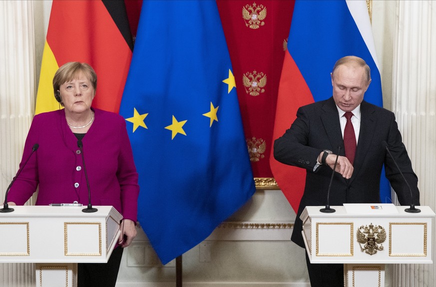 Bundeskanzlerin Angela Merkel und Wladimir Putin bei einer Pressekonferenz 2020.