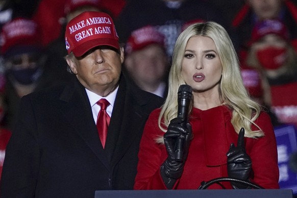 FILE - Ivanka Trump speaks at a campaign event with her father, President Donald Trump, in Kenosha, Wis., on Nov. 2, 2020. Donald Trump and two of his children, Donald Jr. and Ivanka Trump are due, in ...