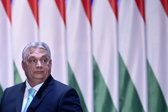 Hungarian Prime Minister Viktor Orban leaves after a yearly State of the Nation address in Budapest, Hungary, Saturday, Feb. 18, 2023. (AP Photo/Denes Erdos)