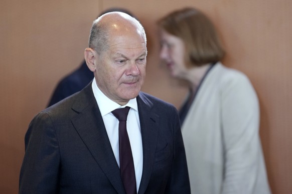 German Chancellor Olaf Scholz attends the cabinet meeting at the chancellery in Berlin, Germany, Wednesday, June 12, 2024. (AP Photo/Ebrahim Noroozi)