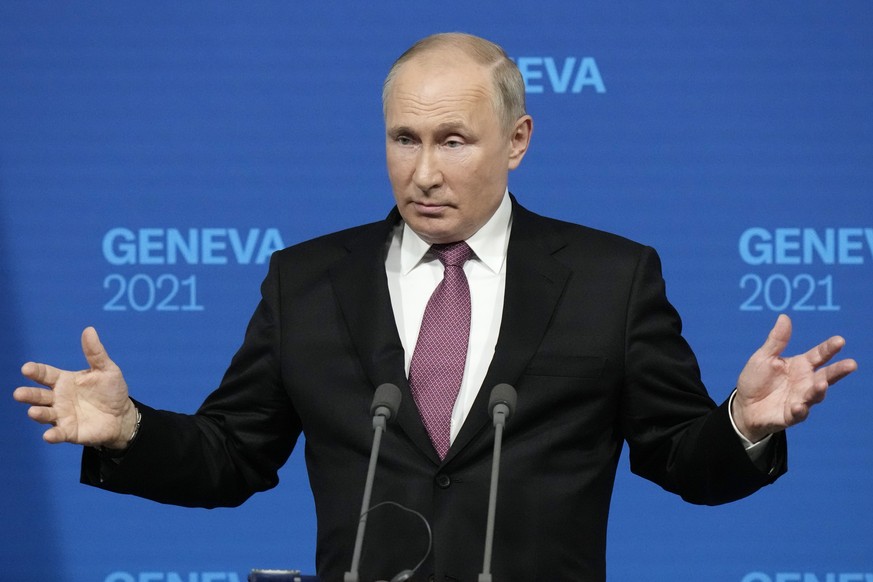 Russian President Vladimir Putin speaks during a news conference after his meeting with U.S President Joe Biden at the 'Villa la Grange' in Geneva, Switzerland in Geneva, Switzerland, Wednesday, June  ...