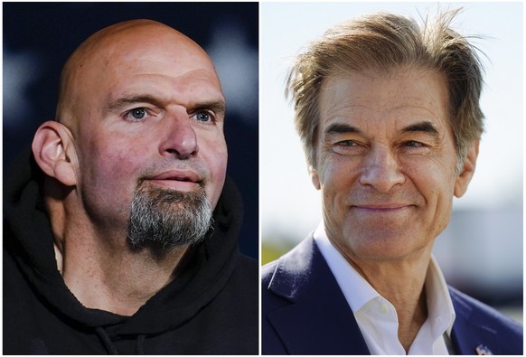 This combination of photos shows Pennsylvania Lt. Gov. John Fetterman, a Democratic candidate for U.S. Senate, Oct. 8, 2022, in York, Pa., left, and Mehmet Oz, a Republican candidate for U.S. Senate, ...