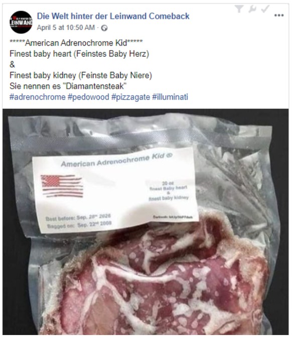 "Adrenochrome-Fleisch" vom Kind: Das Bild wurde in den vergangenen Tagen international verbreitet, nachdem es in einer deutschen Gruppe aufgetaucht war. Und kaum jemand wunderte sich, dass das teufliche Produkt der Geheimelite im Bild ein "R" für registrierte Warenmarke trägt. Was das Bild genau zeigt, ist unklar.