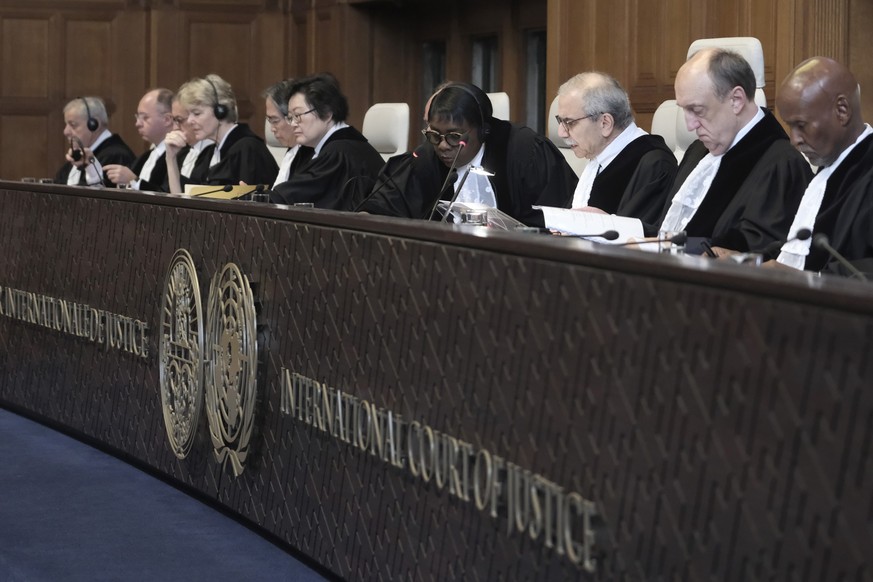 FILE - Judge Nawaf Salam, third right, speaks at the start of a two days hearing at the World Court in The Hague, Netherlands, Monday, April 8, 2024, in a case brought by Nicaragua accusing Germany of ...