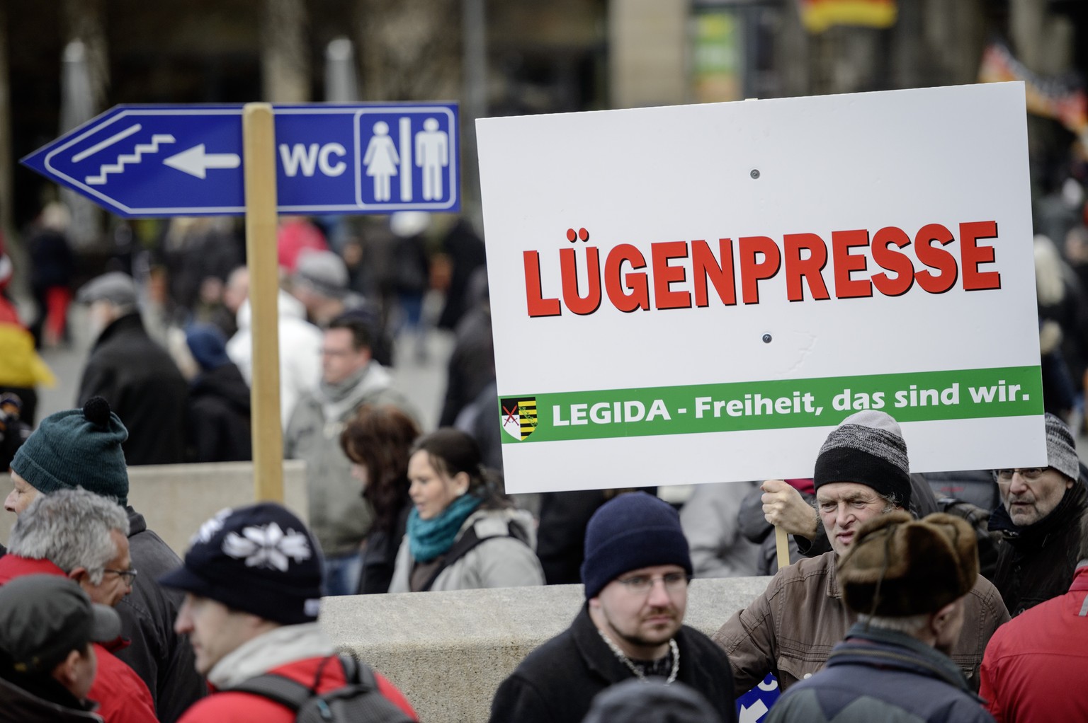 DRESDEN, GERMANY - APRIL 06: Supporters of the Pegida movement gather for another of their weekly protests on Easter Monday at a rally on April 6, 2015 in Dresden, Germany. The Pegida movement, which ...