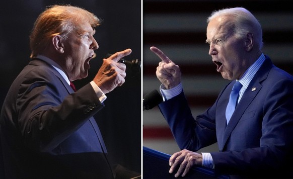 This combination of photos taken in Columbia, S.C. shows former President Donald Trump, left, on Feb. 24, 2024, and President Joe Biden on Jan. 27, 2024. Biden and Trump each won the White House by ra ...