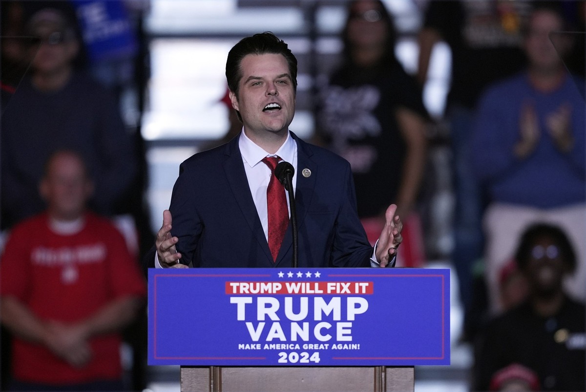 Rep. Matt Gaetz, R-Fla., speaks before Republican presidential nominee former President Donald Trump speaks at a campaign rally at Lee's Family Forum, Thursday, Oct. 31, 2024, in Henderson, Nev. ...