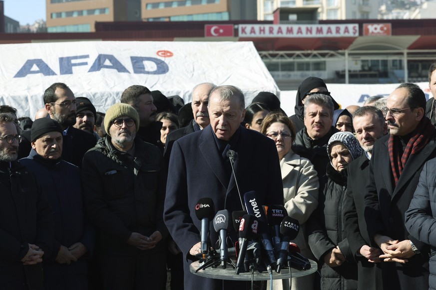 FILE - Turkey&#039;s President Recep Tayyip Erdogan speaks to the media as he visits the city center destroyed by Monday earthquake in Kahramanmaras, southern Turkey, Wednesday, Feb. 8, 2023. Turkish  ...