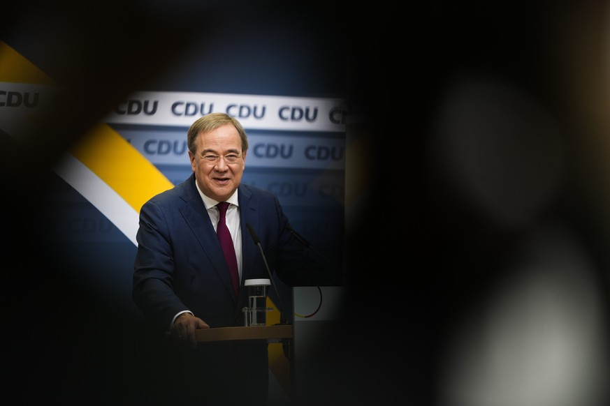 CDU chairman Armin Laschet briefs the media after a leaders meeting of Merkel&#039;s Christian Democratic Union, CDU, party in Berlin, Germany, Tuesday, Nov. 2, 2021. (AP Photo/Markus Schreiber, Pool)