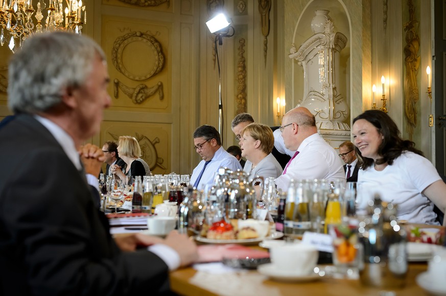 GRANSEE, GERMANY - JUNE 23: (L-R) Vice Chancellor and Economy Minister Sigmar Gabriel, German Chancellor Angela Merkel, Minister of the Chancellery Peter Altmaier and Federal Minister of Labour and So ...