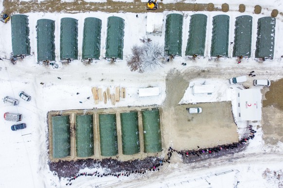 Aerial photo of the camp Lipa where the migrants are accommodated, in Bihac, Bosnia and Herzegovina, on January 13, 2021. About 900 migrants are currently staying in the Lipa camp, a few kilometers fr ...