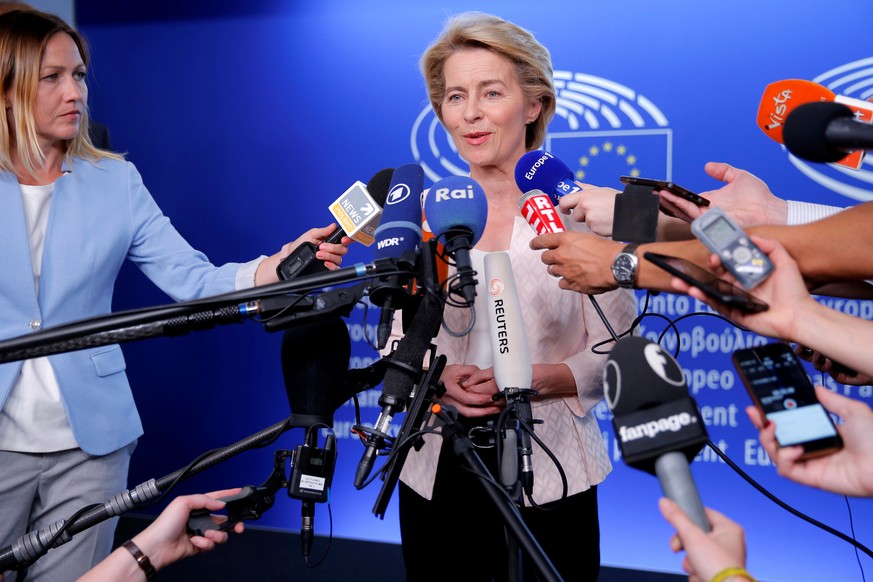 German Defense Minister Ursula von der Leyen, who has been nominated as European Commission President, attends a news conference during a visit at the European Parliament in Strasbourg, France, July 3 ...
