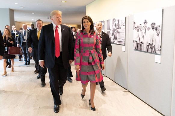 Sep 24, 2018 - New York, New York, U.S. - President DONALD TRUMP and U.N. Ambassador NIKKI HALEY arrive Monday, Sept. 24, 2018, to the United Nations Headquarters in New York City, where they particip ...