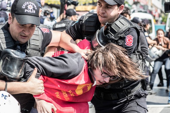 May 1, 2018 - Istanbul, Turkey - People tried to march to Taksim Square, in Istanbul during the ban of May Day celebrations in the iconic square. More than fifty of people, workers and activists marke ...