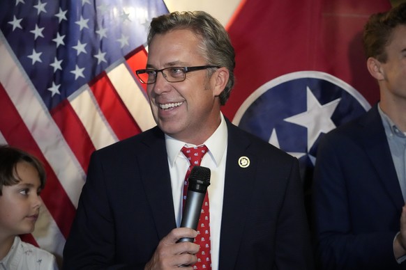 FILE - U.S. Rep. Andy Ogles, R-Tenn., speaks to supporters after being declared the winner in his Republican primary race, Aug. 1, 2024, in Franklin, Tenn. (AP Photo/Mark Humphrey, File)