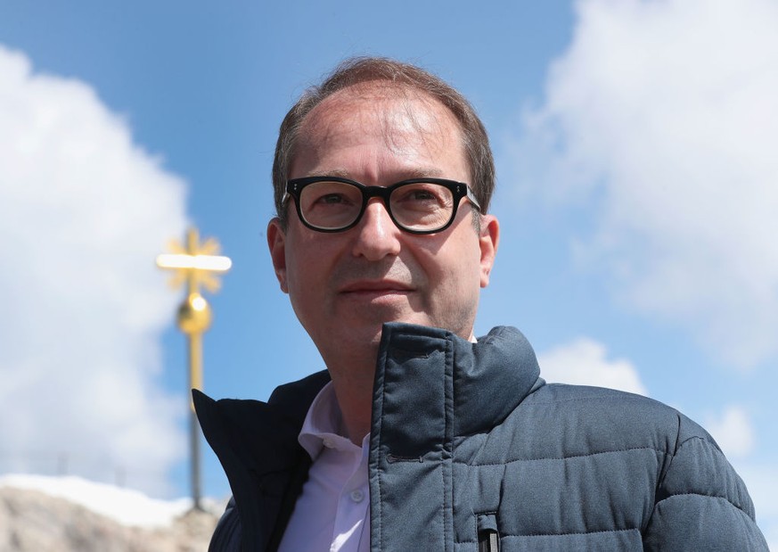 GARMISCH-PARTENKIRCHEN, GERMANY - MAY 07: Alexander Dobrindt, leader of the Bundestag faction of the Bavarian Christian Democrats (CSU), poses for a photo next to Zugspitze mountain on May 7, 2018 in  ...
