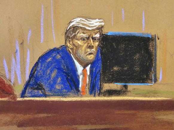 15.04.2024, USA, NEW YORK: In dieser Skizze aus dem Gerichtssaal wendet sich der ehemalige US-Präsident Donald Trump zu Beginn seines Prozesses an das Publikum. Mit Donald Trump sitzt ab diesem Montag ...