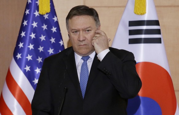 U.S. Secretary of State Mike Pompeo listens to a question during a joint press conference with South Korean Foreign Minister Kang Kyung-wha and Japanese Foreign Minister Taro Kono following their meet ...