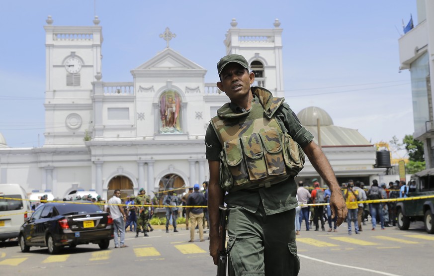Sri Lankan Army soldiers secure the area around St. Anthony&#039;s Shrine after a blast in Colombo, Sri Lanka, Sunday, April 21, 2019. Witnesses are reporting two explosions have hit two churches in S ...