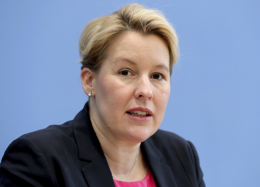 FILE - In this Oct.16, 2020 file photo German Minister for Family Affairs, Senior Citizens, Women and Youth, Franziska Giffey, speaks during a joint press conference with German Health Minister Jens S ...