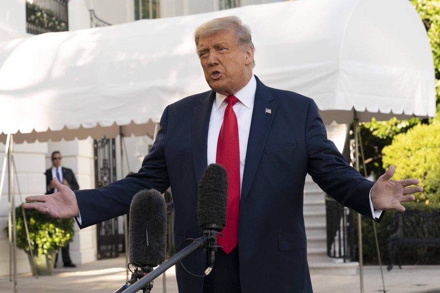 United States President Donald J. Trump speaks to the media on the South Lawn of the White House in Washington, DC before departing to attend a political event in Fayetteville, North Carolina on Satur ...