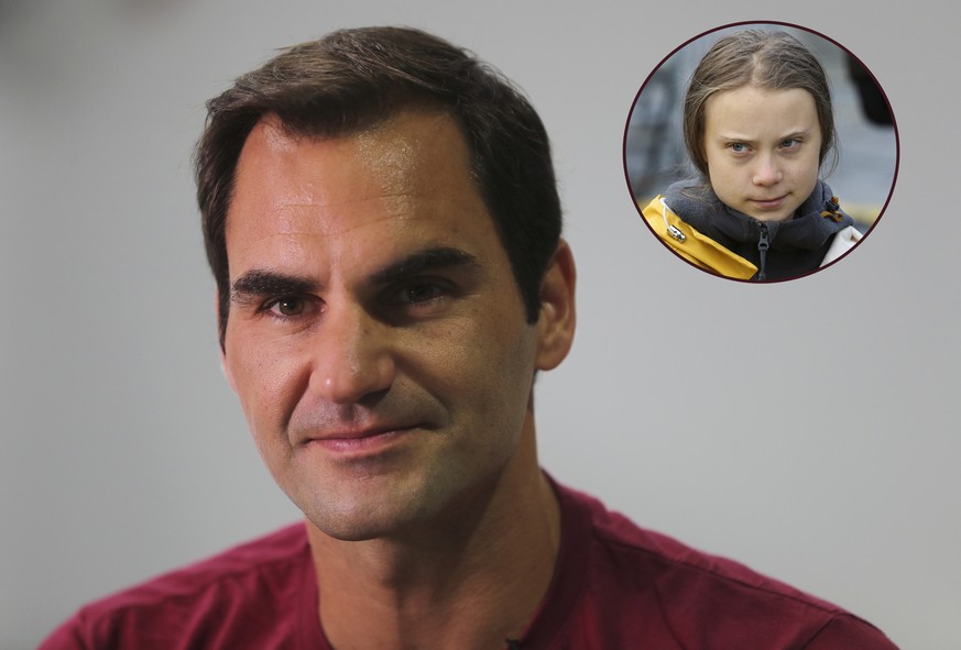 Tennisstar Roger Federer und Greta Thunberg (rundes Bild).