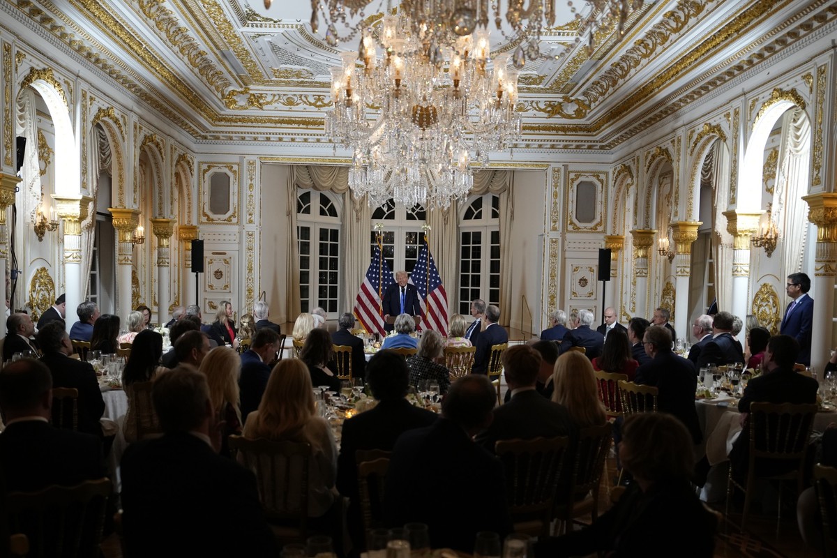 President Donald Trump speaks at a dinner with Senate Republicans at Mar-a-Lago in Palm Beach, Fla., Friday, Feb. 7, 2025. (AP Photo/Ben Curtis)