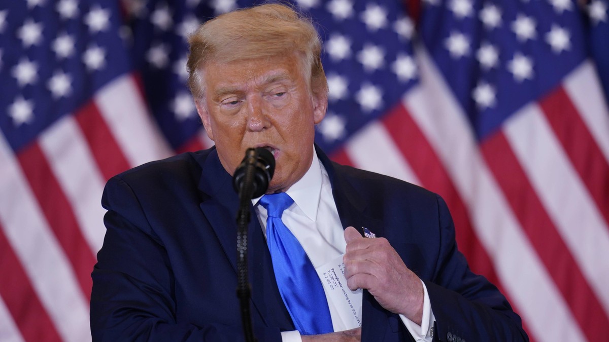 United States President Donald J. Trump makes a statement to the nation as his supporters look on in the East Room of the White House in Washington, DC on Election Night, Wednesday, November 4, 2020. ...