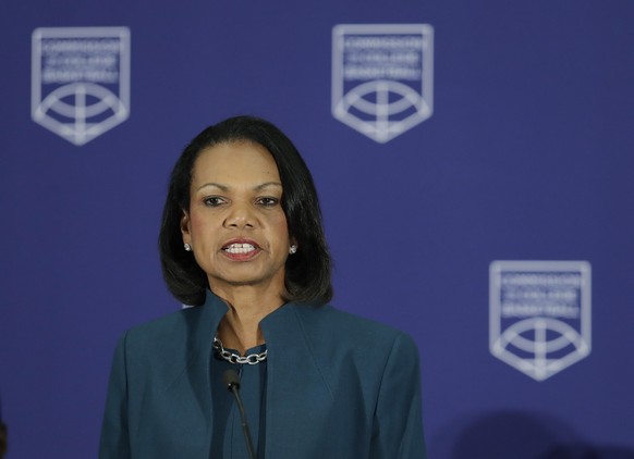 Former U.S. Secretary of State Condoleezza Rice speaks during a news conference at the NCAA headquarters, Wednesday, April 25, 2018, in Indianapolis. The Commission on College Basketball led by Rice,  ...