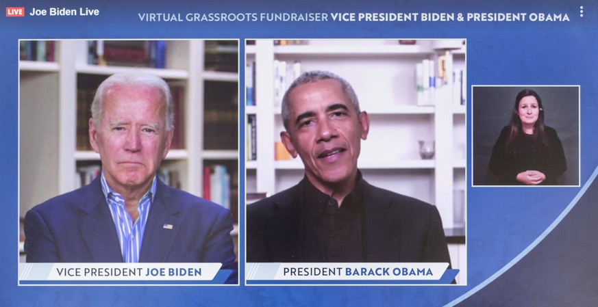 June 23, 2020 - Wilmington, Delaware, U.S. - A screen grab of Vice President JOE BIDEN and President BARACK OBAMA at a grass roots fundraiser for the Biden 2020 presidential campaign. Wilmington U.S.  ...
