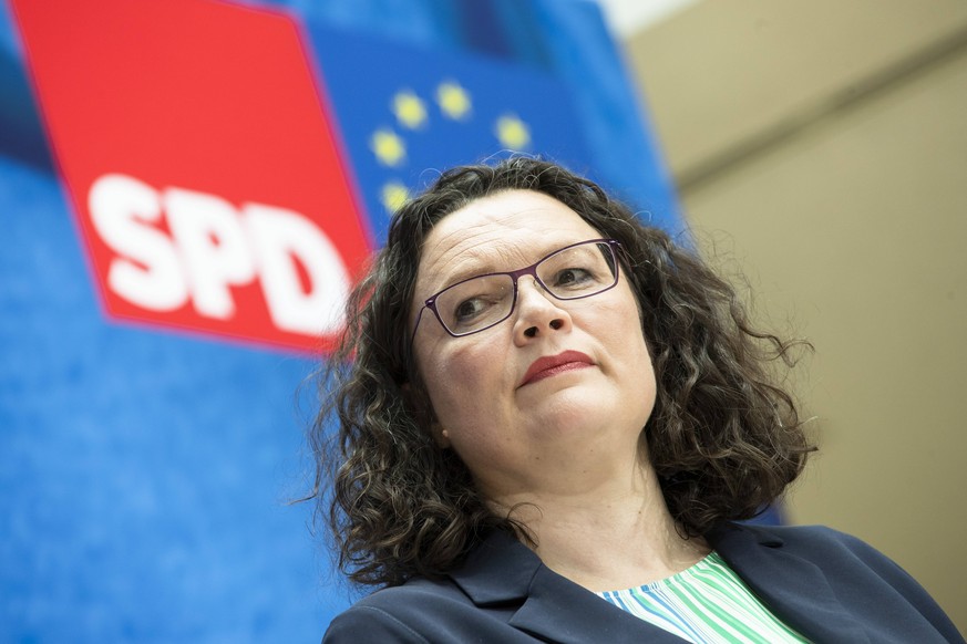 News Bilder des Tages SPD Parteivorsiztende Andrea Nahles waehrend einer Pressekonferenz in Willy-Brandt-Haus in Berlin am 27. Mai 2019. Pressekonferenz der SPD nach der Europawahl *** SPD party leade ...