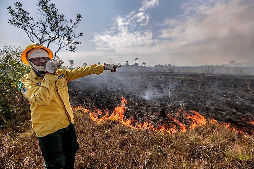 (190828) -- MANICORE, Aug. 28, 2019 -- A worker of the Brazilian Institute of the Environment and Renewable Natural Resources points at the damage caused by a fire in Manicore, the state of Amazonas,  ...