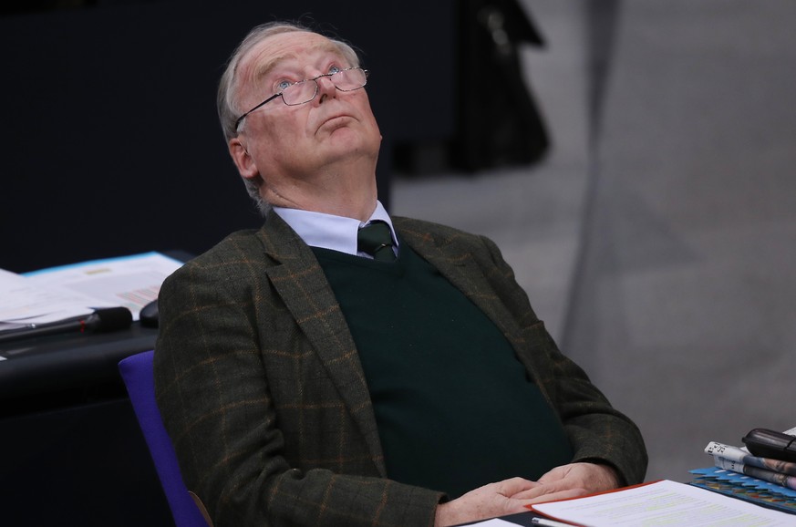 BERLIN, GERMANY - NOVEMBER 21: Alexander Gauland, co-Bundestag faction leader of the right-wing Alternative for Germany (AfD) political party, looks at the ceiling after his colleague Alice Weidel spo ...