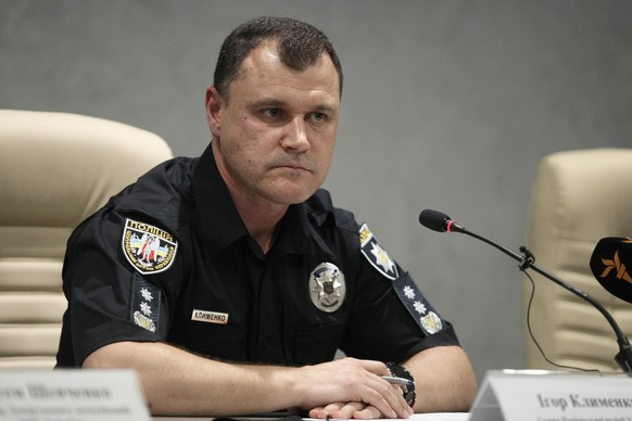 KYIV, UKRAINE - AUGUST 3, 2021 - Chief of the National Police Ihor Klymenko attends a briefing on the death of Belarusian national Vitaliy Shishov, Kyiv, capital of Ukraine. Head of the Belarusian Hou ...