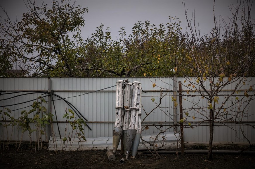 ZELENYI HAI, UKRAINE - NOVEMBER 11: Cluster bomb carriers collected by Oleksandr Pashchenko (42) from his fields in a village Zelenyj Hai, Ukraine, 11th of November 2022
(Photo by Wojciech Grzedzinski ...