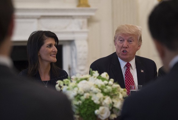 Nikki Haley Surges In Poll To Within Four Points Of Trump File photo dated April 24, 2017 of President Donald Trump speaks next to US Ambassador to the United Nations Nikki Haley during a working lunc ...