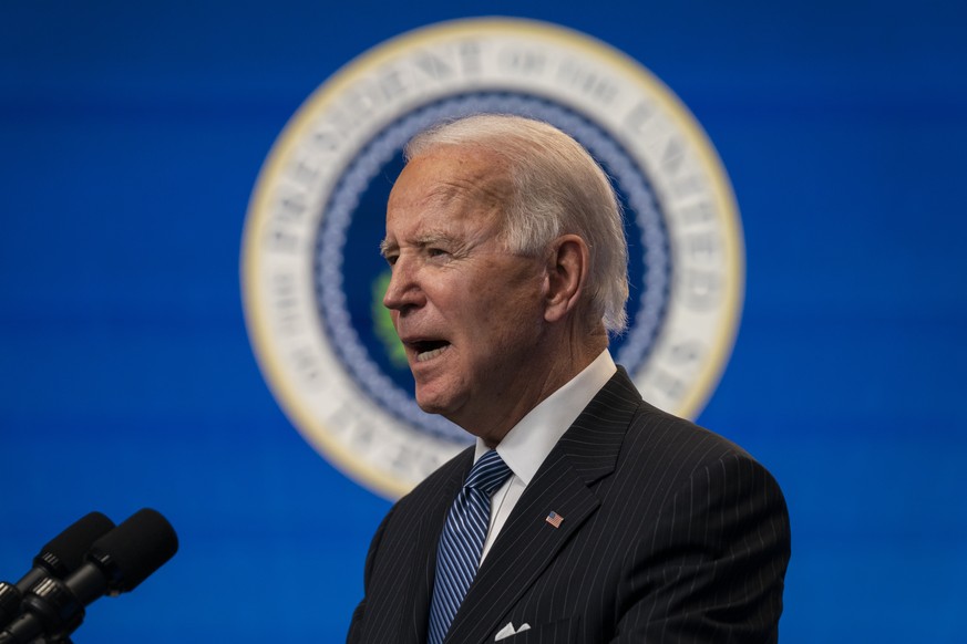 President Joe Biden answers questions from reporters in the South Court Auditorium on the White House complex, Monday, Jan. 25, 2021, in Washington. (AP Photo/Evan Vucci)