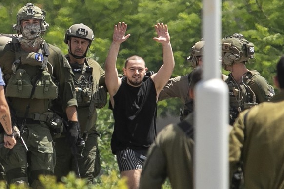 Almog Meir Jan, 21, one of four hostages who were kidnapped in a Hamas-led attack on Oct. 7, 2023, and was just rescued, arrives by helicopter to the Sheba Medical Center in Ramat Gan, Israel, Saturda ...