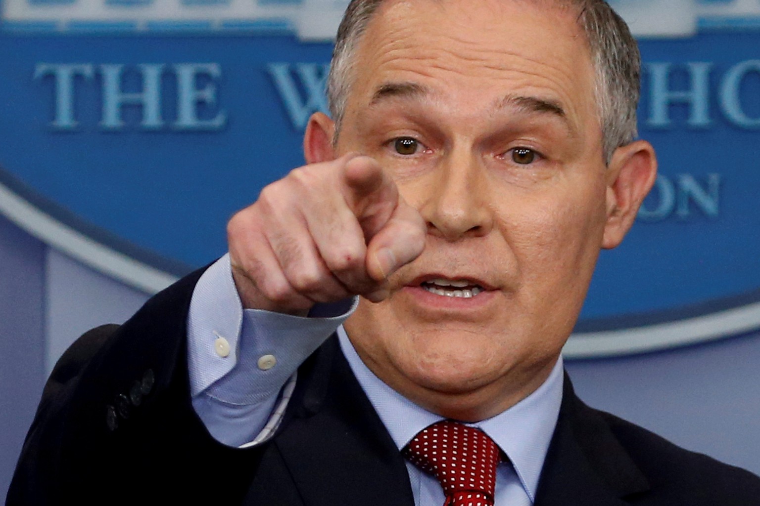 FILE PHOTO: Environmental Protection Agency (EPA) Administrator Scott Pruitt takes questions about the Trump administration's withdrawal of the U.S. from the Paris climate accords during the daily bri ...