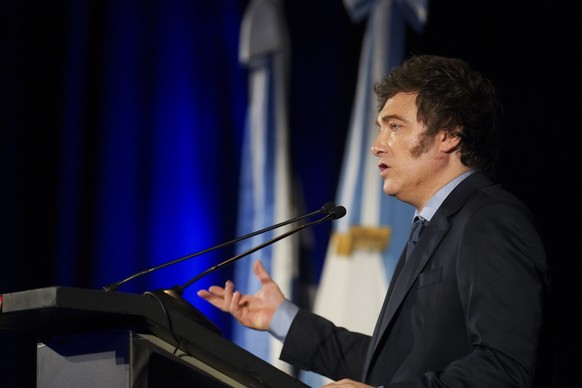 Argentina&#039;s President Javier Milei talks at the Marketing Leaders Association in Montevideo, Uruguay, Friday, Dec. 6, 2024. (AP Photo/Matilde Campodonico)