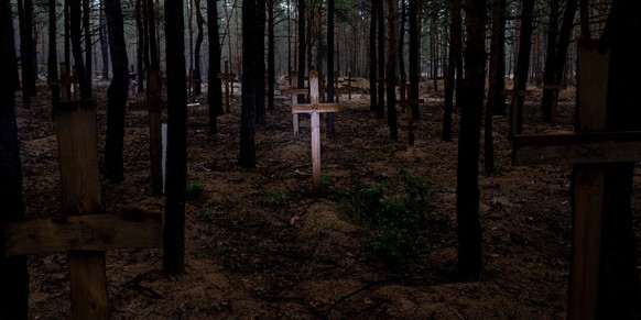 Im Wald bei Isjum stehen Holzkreuze: Offenbar wurden hier Leichen von Kriegsopfern vergraben.